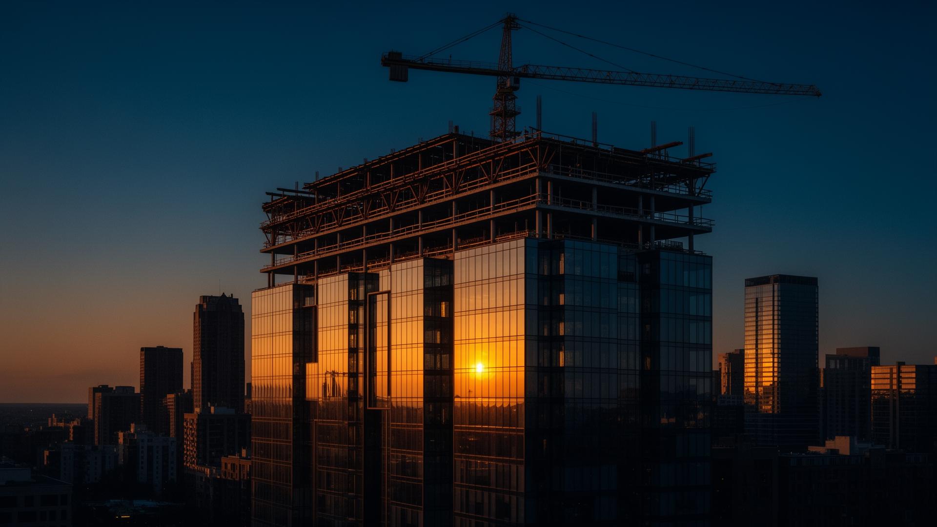 High-rise commercial development at dusk